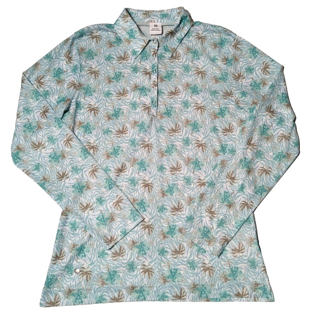 DAILY SPORTS Women Large Green Palm Tree GEO Pullover Henley Snap Golf Shirt EUC